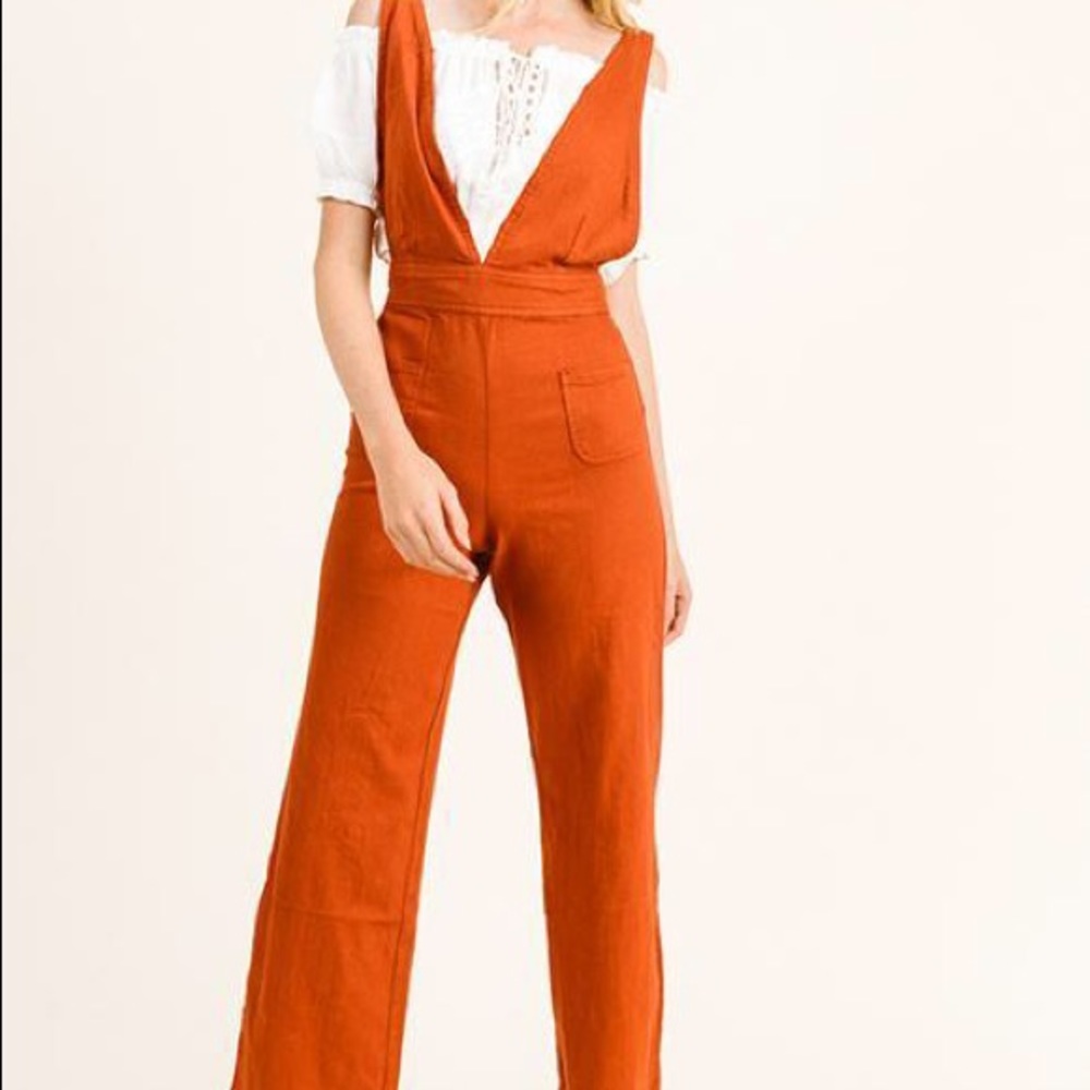 70s Style Rust Twill Denim Overalls Jumpsuit - Picture 6 of 7